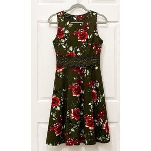 Homeyee Floral Fit Flare Dress XL Black Red Rose Print Sleeveless Party Dress